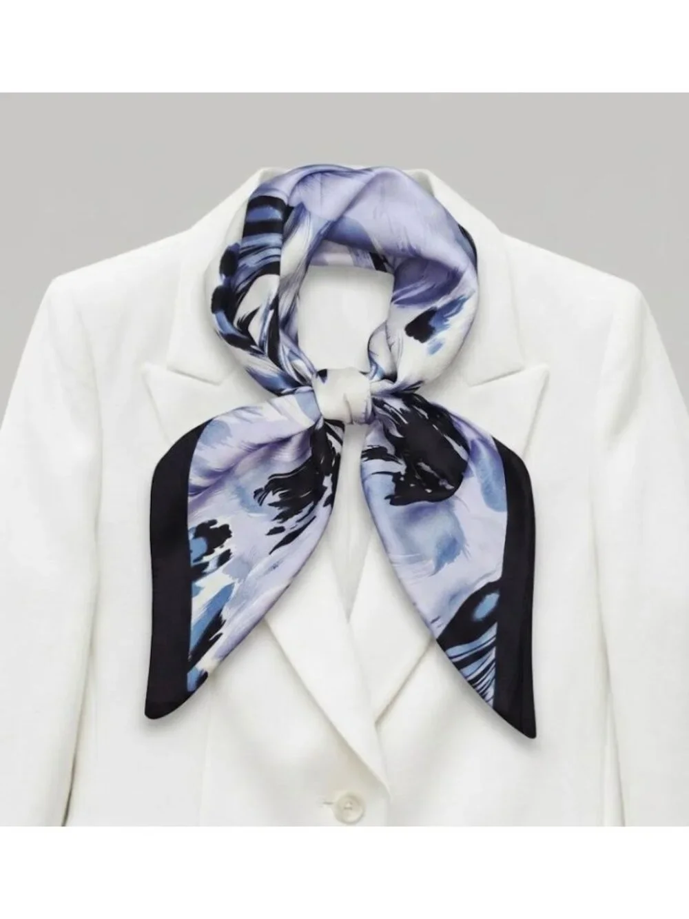 Luxury Silky Soft Square Scarf Black Blue White Abstract Floral Print Shawl Wrap